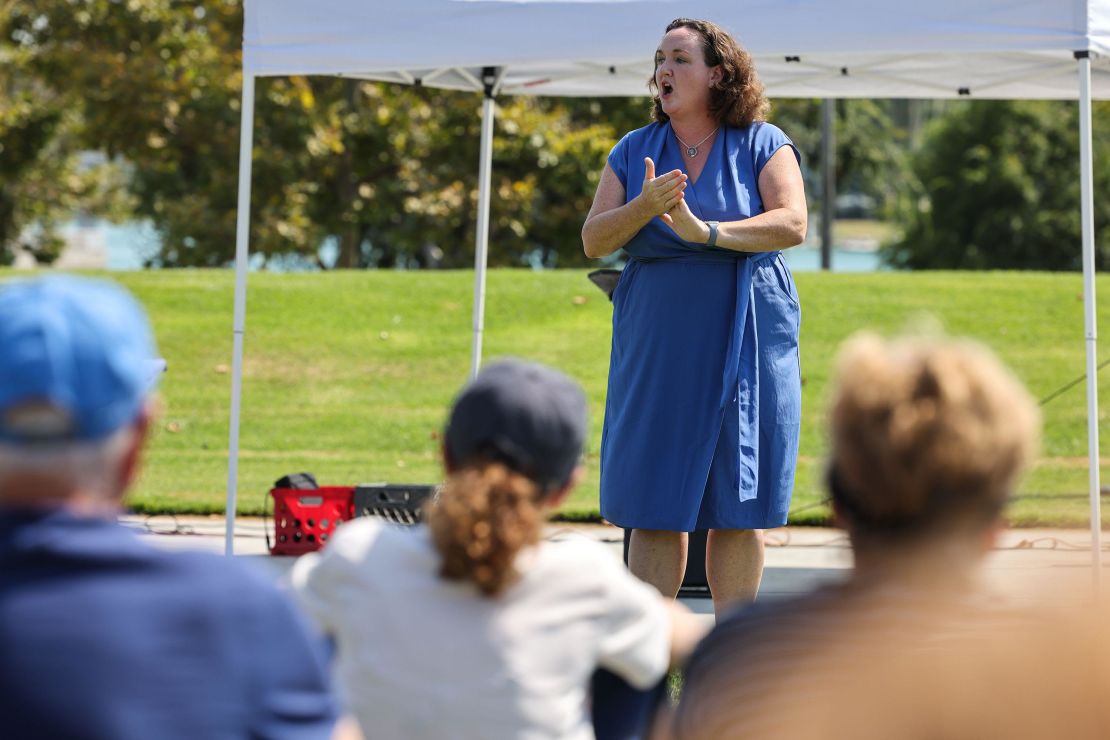 Rep. Katie Porter speaks during a town hall meeting with at Mike Ward Community Park in Irvine, California last month. That town hall was interrupted by protesters. 