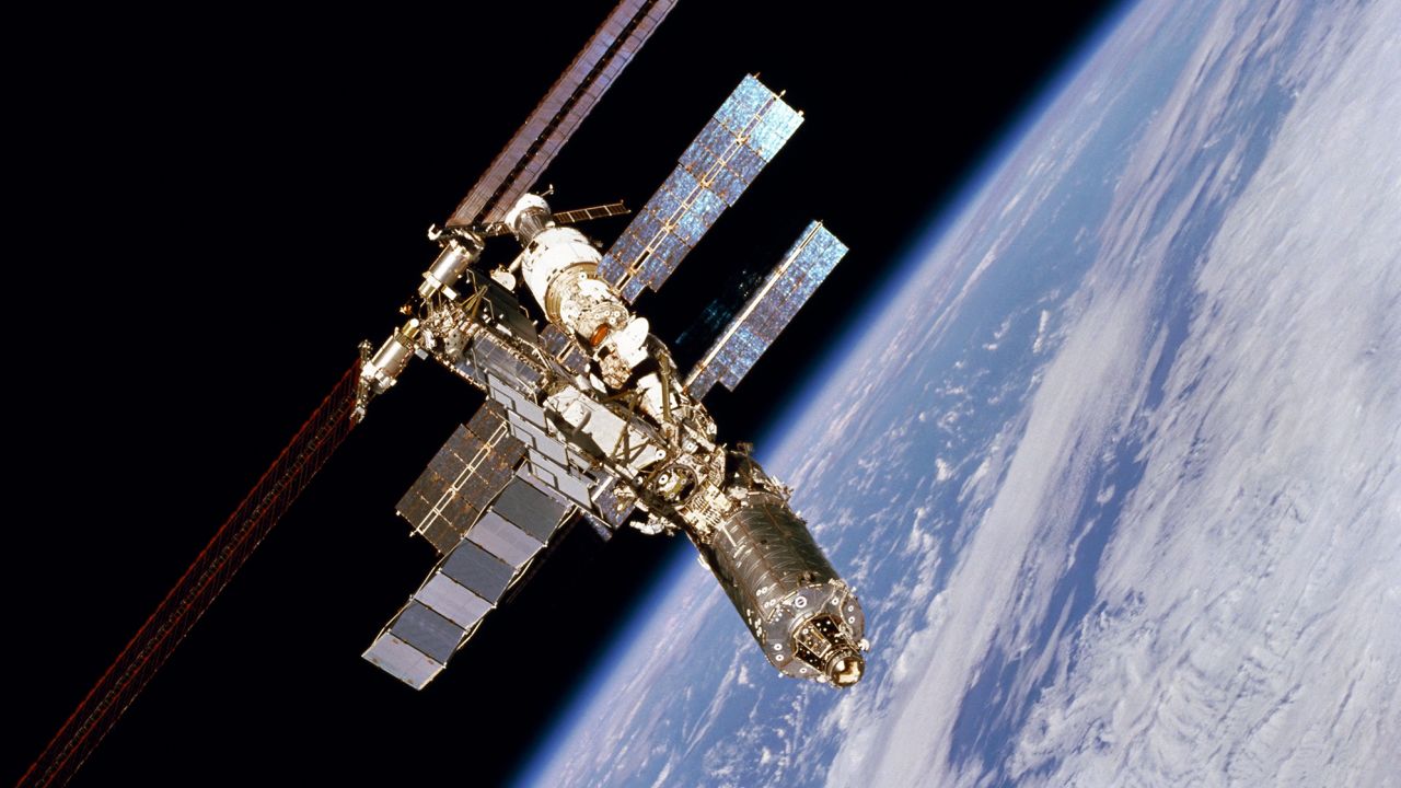 The International Space Station was photographed by one of the STS-98 crew members aboard the Space Shuttle Atlantis following separation of the shuttle and station on February 16, 2001.
