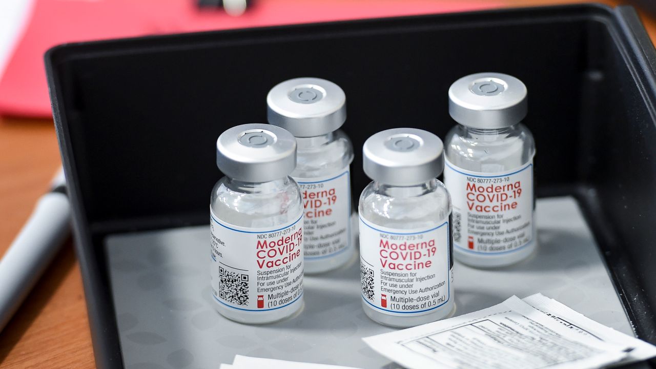 Glass vials of Moderna's Covid-19 vaccine are seen in April at a vaccine clinic in Pennsylvania.