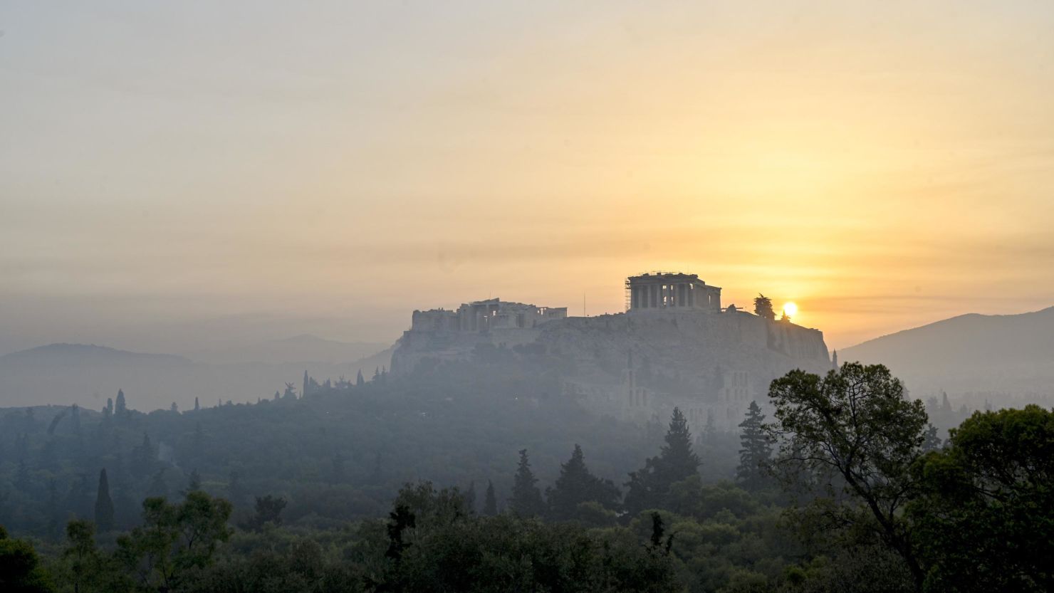 The acropolis was obscured by smoke from wildfires in the Athens suburbs on August 4.