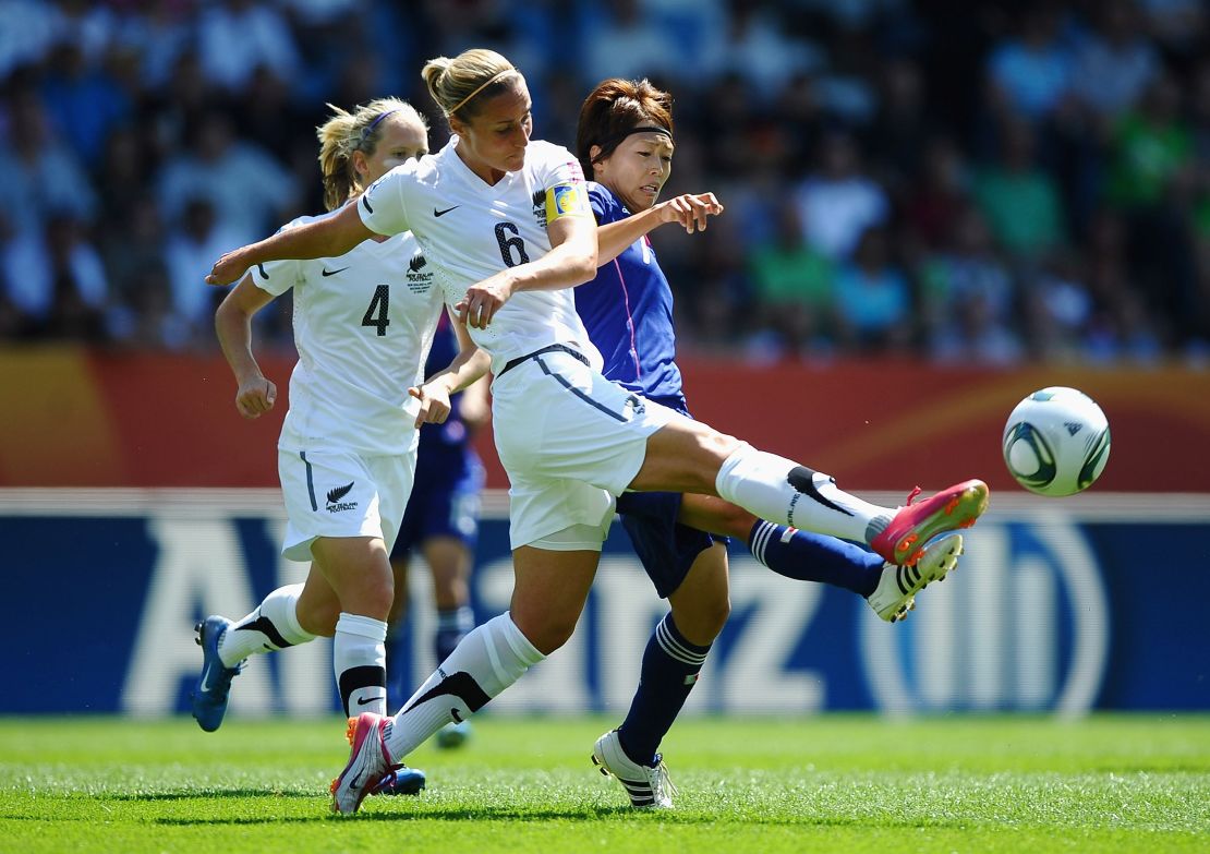 Rebecca Smith, seen in action against Japan's Kozue Ando of Japan during the FIFA Women's World Cup 2011 match between Japan and New Zealand in 2011. 
 