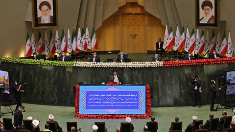 Iran's newly elected President Ebrahim Raisi (C) speaks at his swearing in ceremony at the Iranian parliament in the capital Tehran on August 5, 2021.
