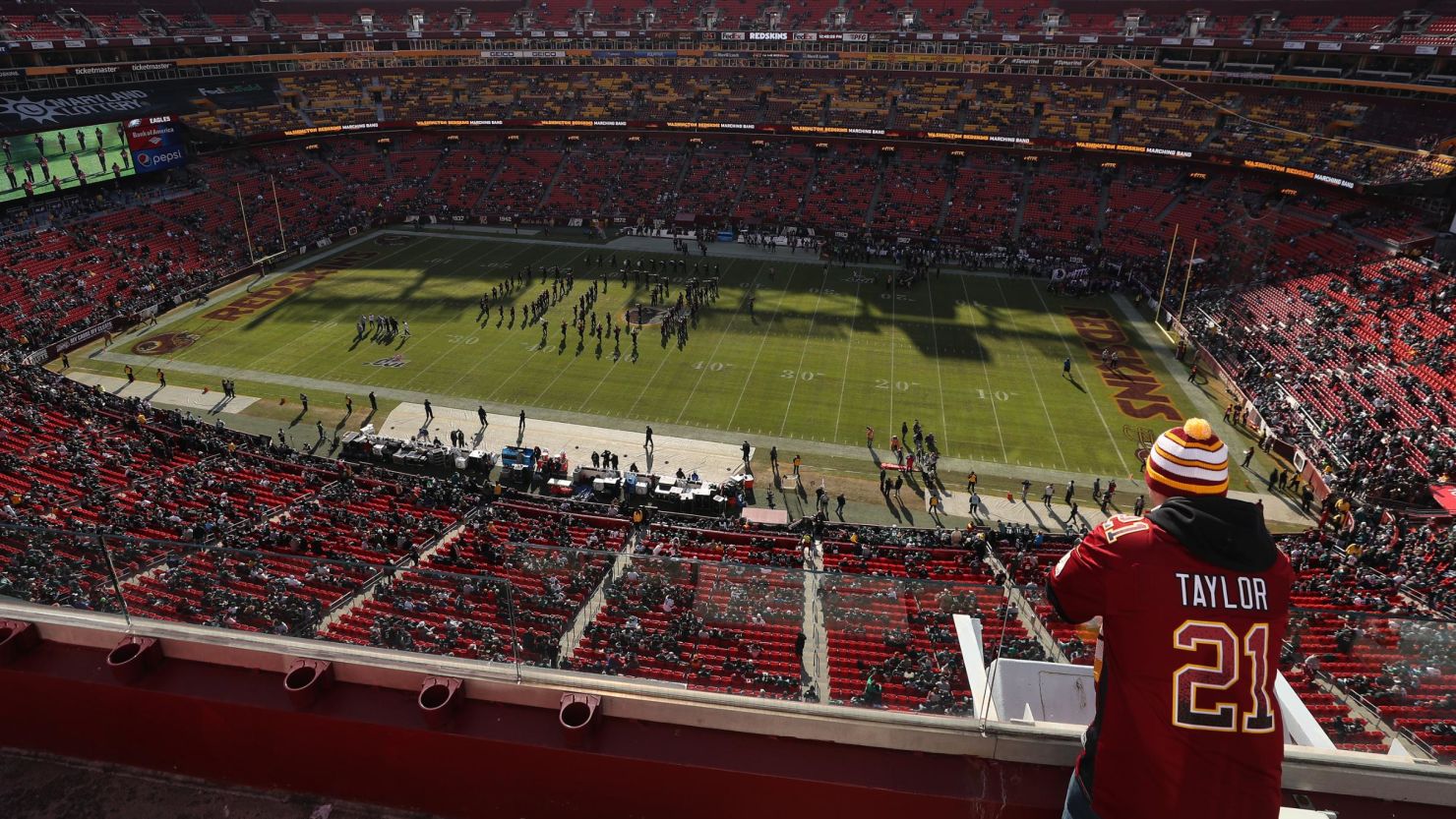 Washington fans stand in the upper deck at FedExField in Landover, Maryland, on December 15, 2019, before a game with the Philadelphia Eagles.