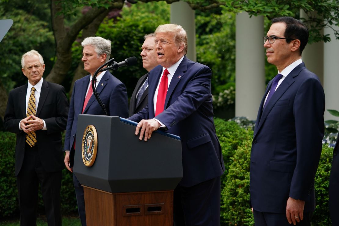 Donald Trump holds a news conference on China in the Rose Garden of the White House on May 29, 2020.