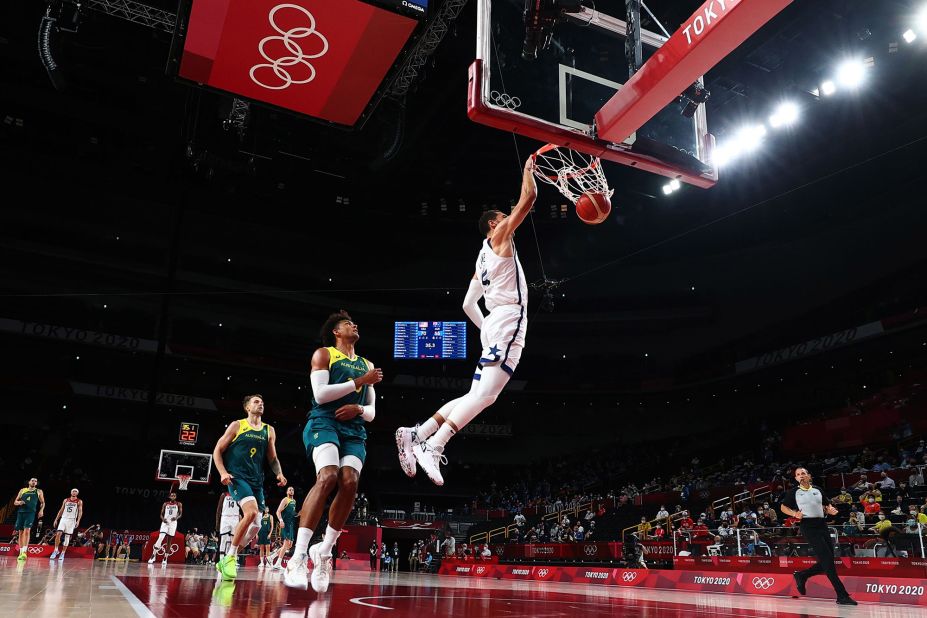 The United States' Zach LaVine scores against Australia during a basketball semifinal on August 5. The Americans won 97-78 and will play France in the gold-medal game.