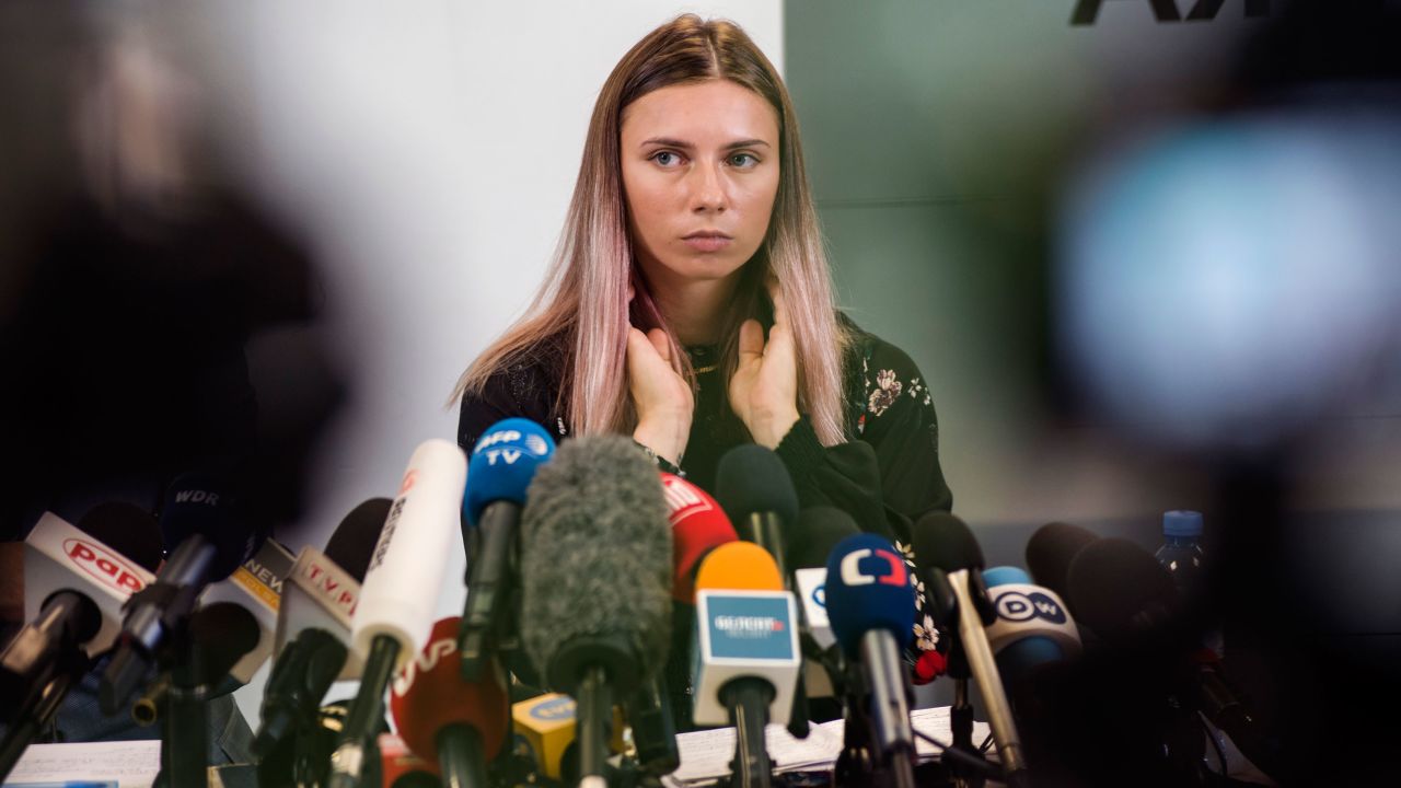 Kristina Timanovskaya during a press conference in Warsaw, Poland on August 5.