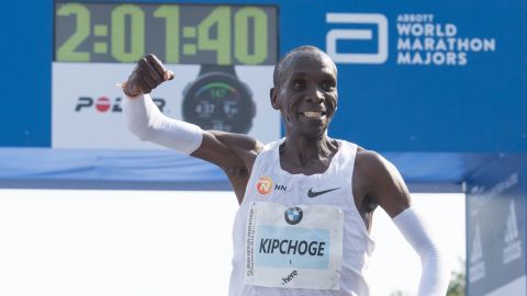 Kipchoge celebrates setting a world record at the 2018 Berlin Marathon. 
