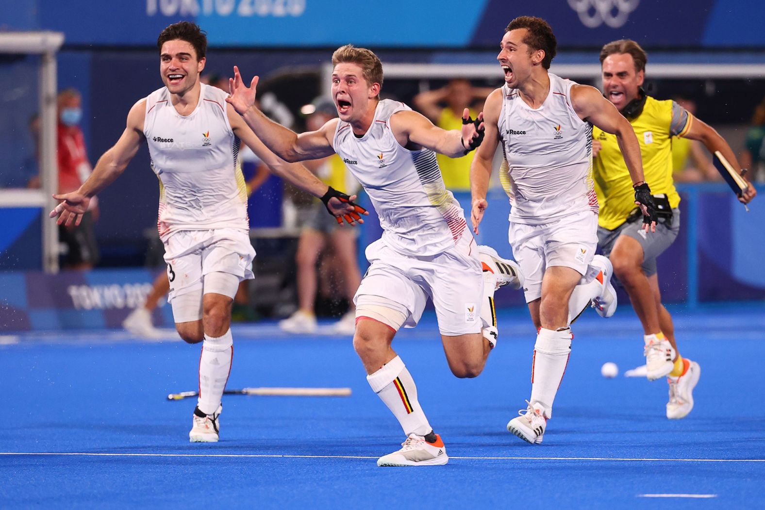 Belgium's field hockey team celebrates after winning <a href="index.php?page=&url=https%3A%2F%2Fwww.cnn.com%2Fworld%2Flive-news%2Ftokyo-2020-olympics-08-05-21-spt%2Fh_005a55de11092c221b556085f2dcaecb" target="_blank">a dramatic penalty shootout</a> in the gold-medal match against Australia on August 5.