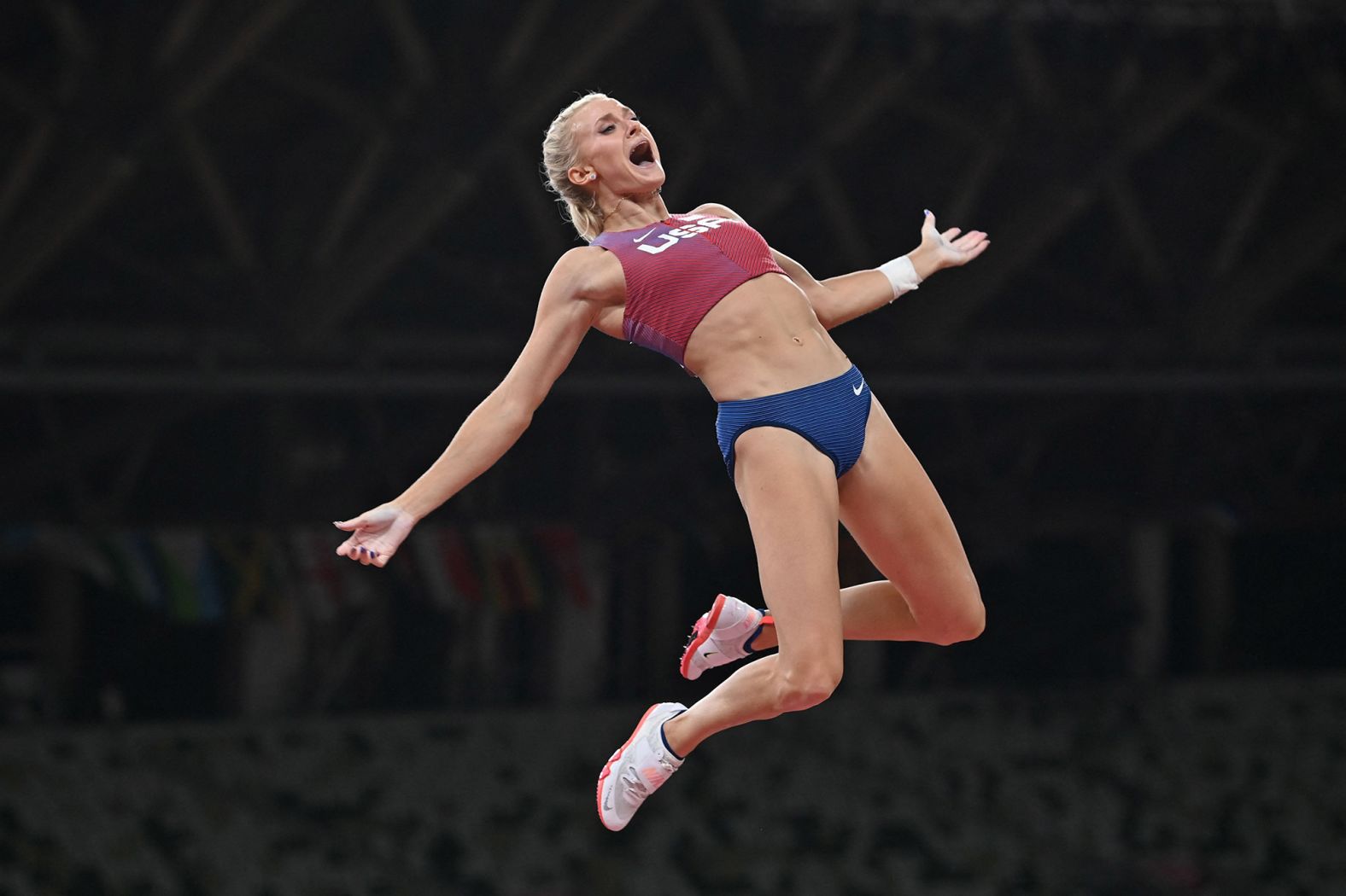 The United States' Katie Nageotte celebrates after clearing the bar in the pole vault final on August 5. Nageotte cleared a height of 4.90 meters <a href="index.php?page=&url=https%3A%2F%2Fwww.cnn.com%2Fworld%2Flive-news%2Ftokyo-2020-olympics-08-05-21-spt%2Fh_202cff9a9f8ad6a09d05f0698f05d506" target="_blank">to win the gold.</a>