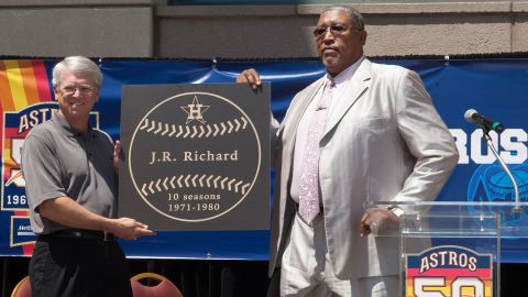 Houston Astros television commentator Bill Brown and former Astros All-Star pitcher J.R. Richard, who was officially inducted into the Astros Walk of Fame in 2012.