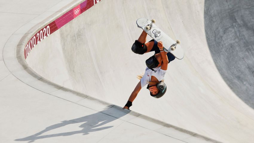 TOKYO, JAPAN - JULY 31: Sky Brown of Team Great Britain gets inverted during training today at Ariake Skateboard Park  ahead of the Tokyo Olympic Games on July 31, 2021 in Tokyo, Japan. (Photo by Adam Pretty/Getty Images)