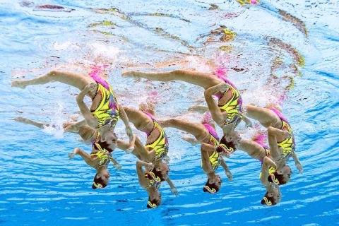 Team Italy competes in artistic swimming on August 6.