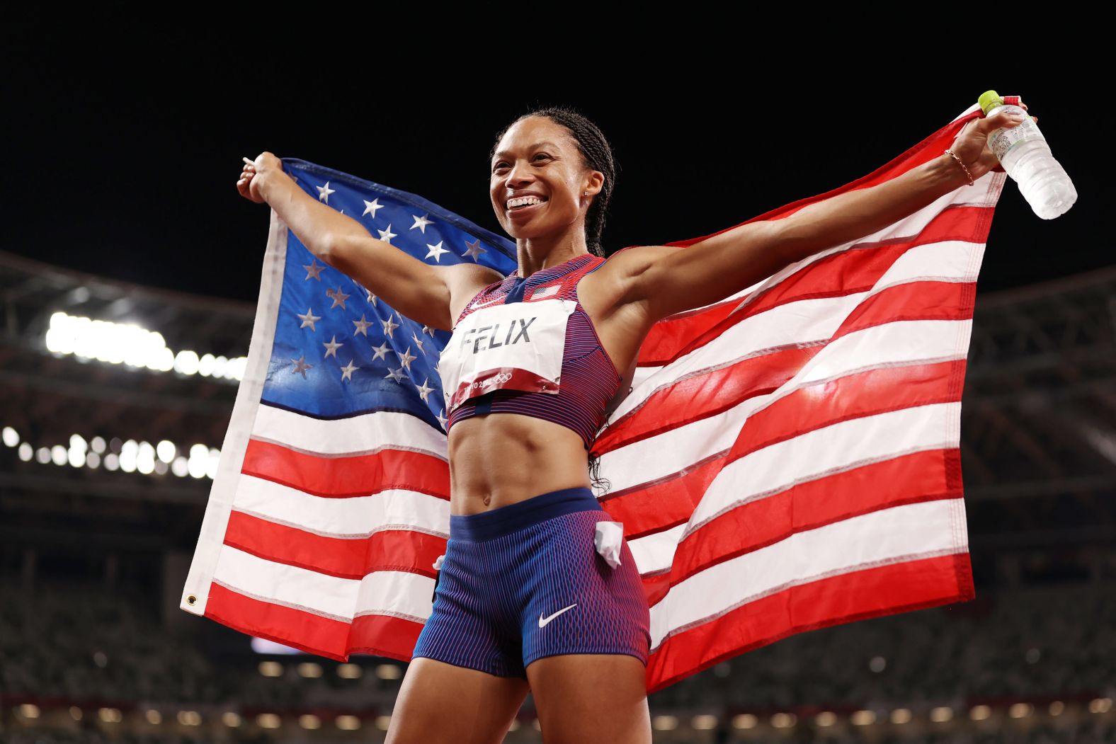 The United States' Allyson Felix celebrates after <a href="index.php?page=&url=https%3A%2F%2Fwww.cnn.com%2Fworld%2Flive-news%2Ftokyo-2020-olympics-08-06-21-spt%2Fh_c43d6f52d2aea0dc6f56d09020439a73" target="_blank">winning the bronze medal</a> in the 400 meters on August 6. She passed Jamaica's Merlene Ottey to become the most decorated woman in Olympic track-and-field history.