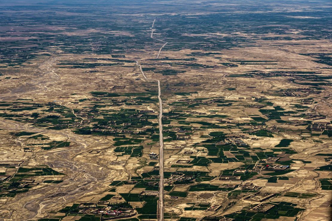 A view of the the vital Kabul-Kandahar highway as seen from the air, south of Kabul, in May 2021.