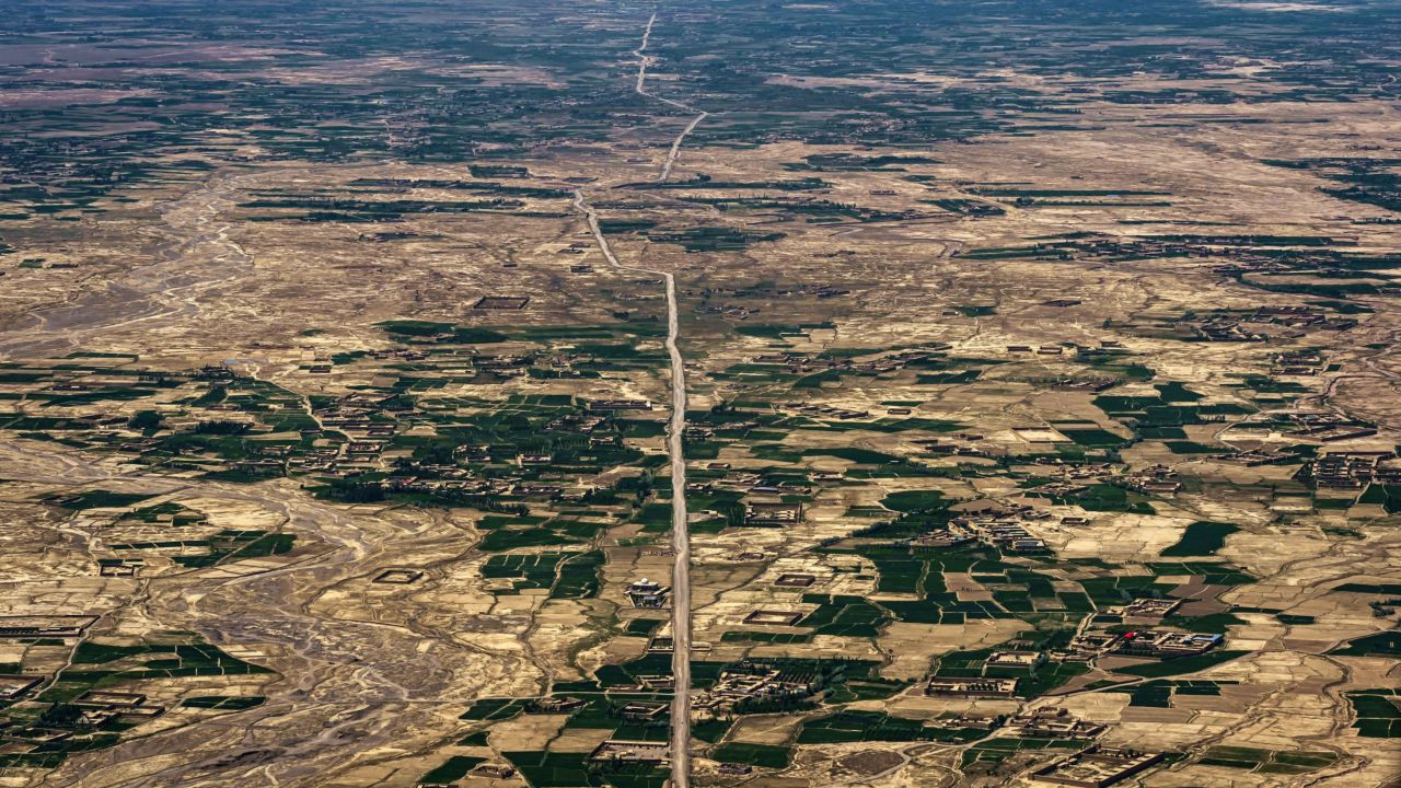 A view of the the vital Kabul-Kandahar highway as seen from the air, south of Kabul, in May 2021.