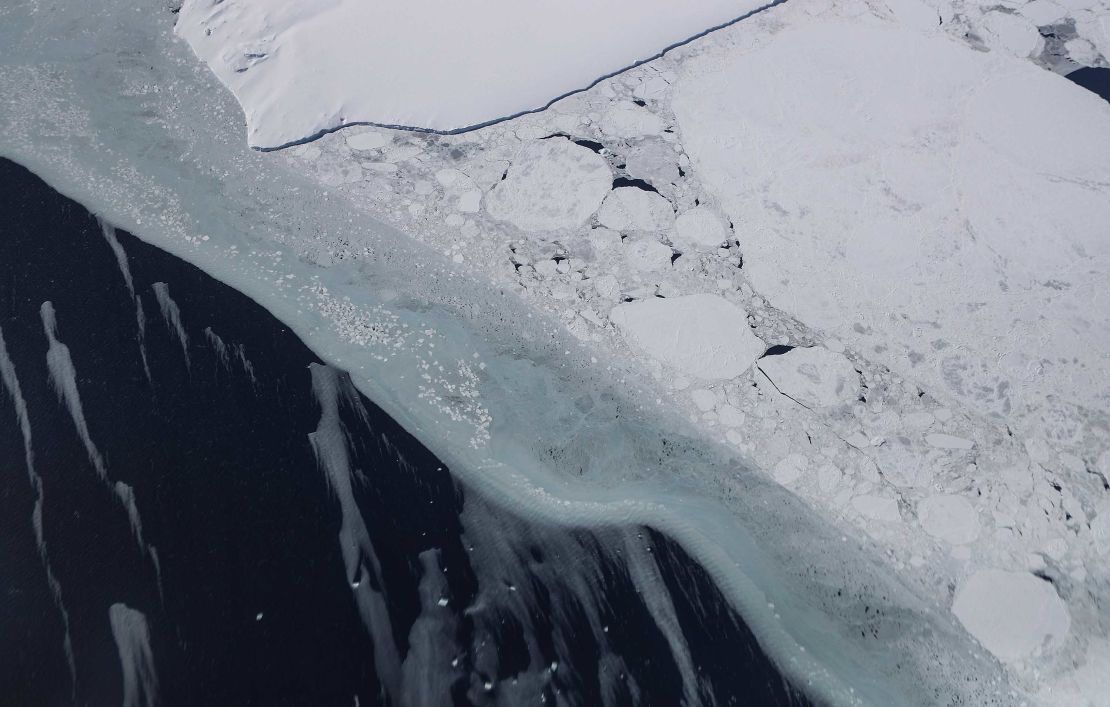 Sea ice floats as seen from NASA's Operation IceBridge research aircraft in the Antarctic Peninsula region, on November 4, 2017, above Antarctica. 