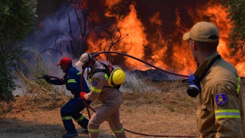 Firefighters try to extinguish a wildfire near the town of Olympia, Greece on Thursday, August 5.