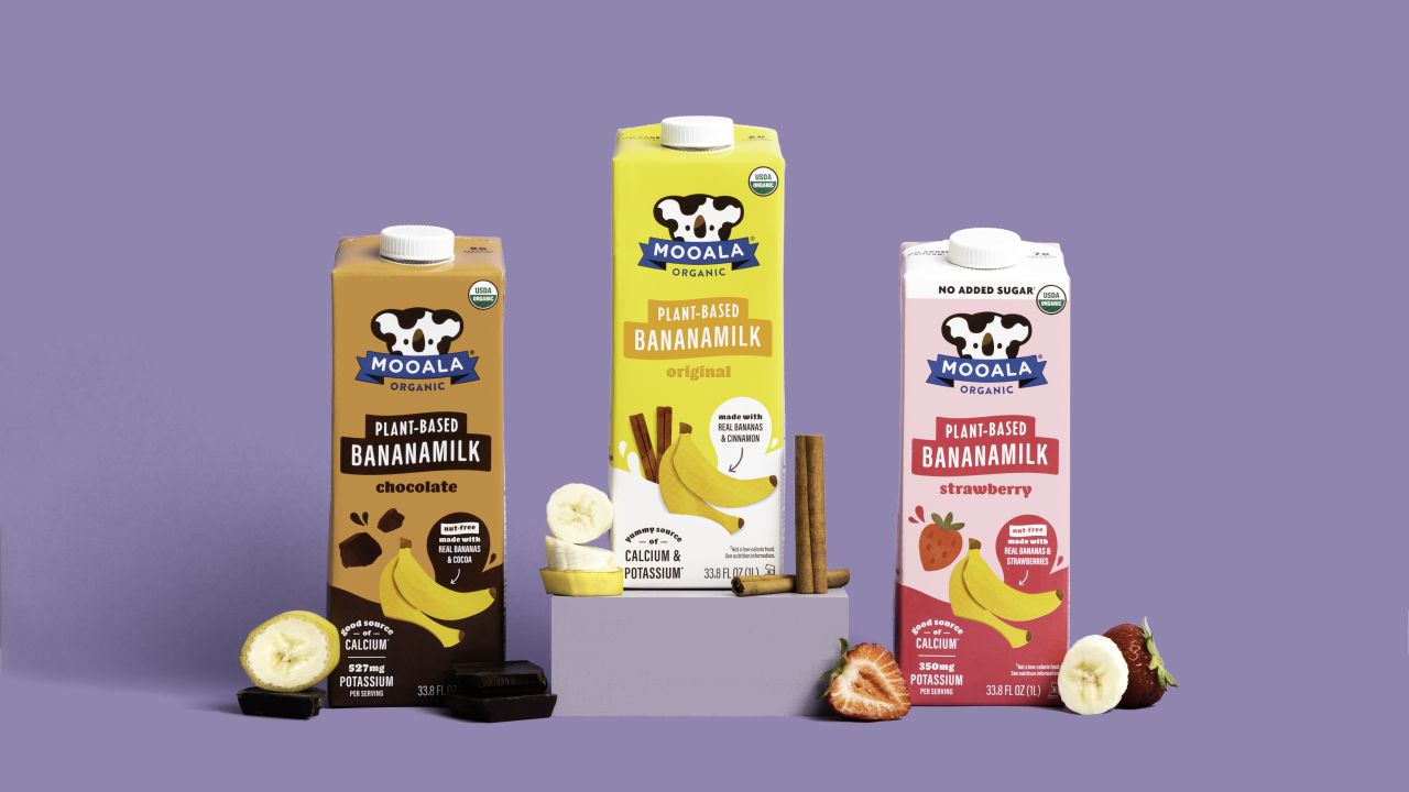 Mooala's gluten-and-nut-free organic banana milk is made from bananas and sunflower seeds. It has a "hint" of a banana taste, making it suitable for foods like cereals or smoothies.