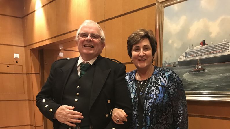 <strong>T</strong><strong>ran</strong><strong>satlantic crossing:</strong> American divorcee Jeannette Saquet met Scottish widower Graham McFarlane on board the Queen Mary 2 ocean liner in January 2017. Here they are on a repeat trip on the vessel in 2018.