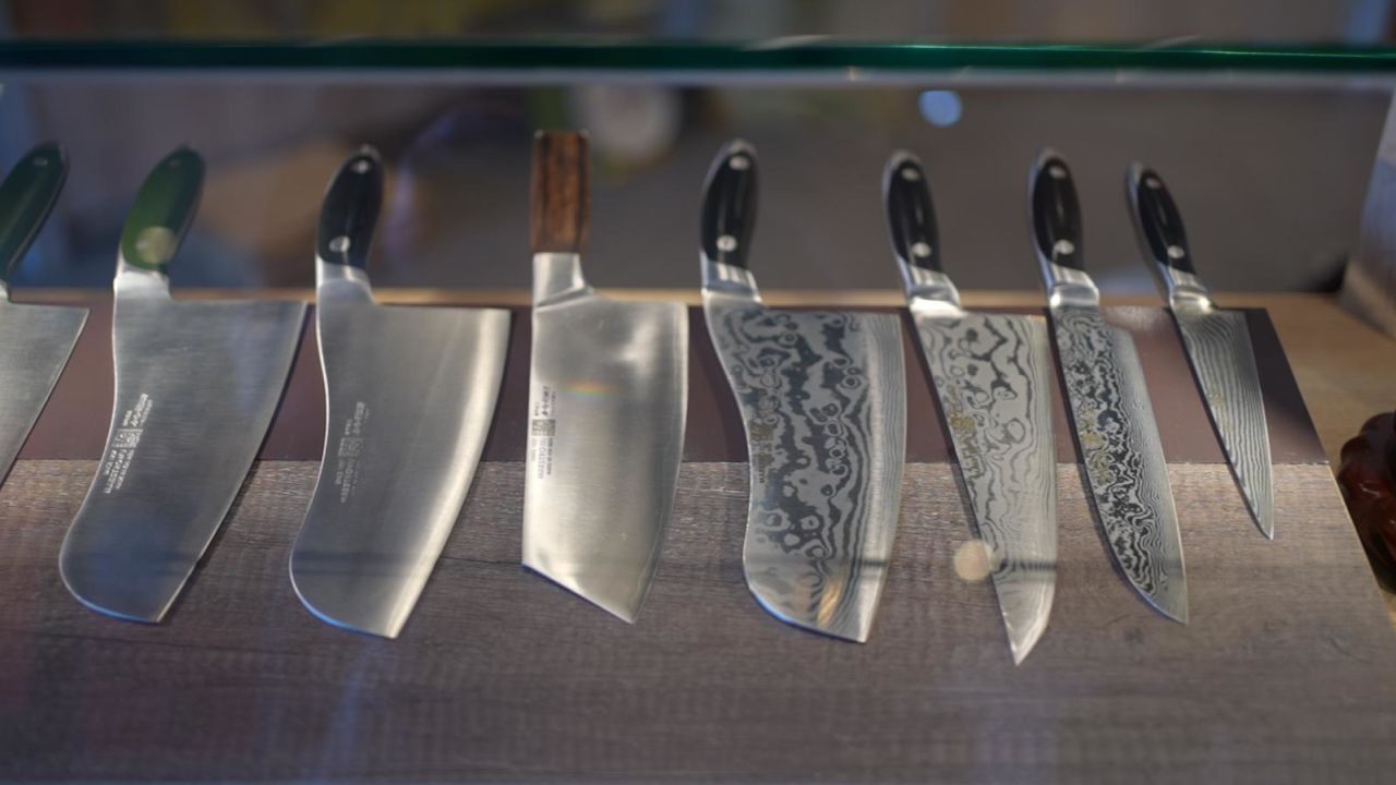 A sample of different kinds of knives on display.