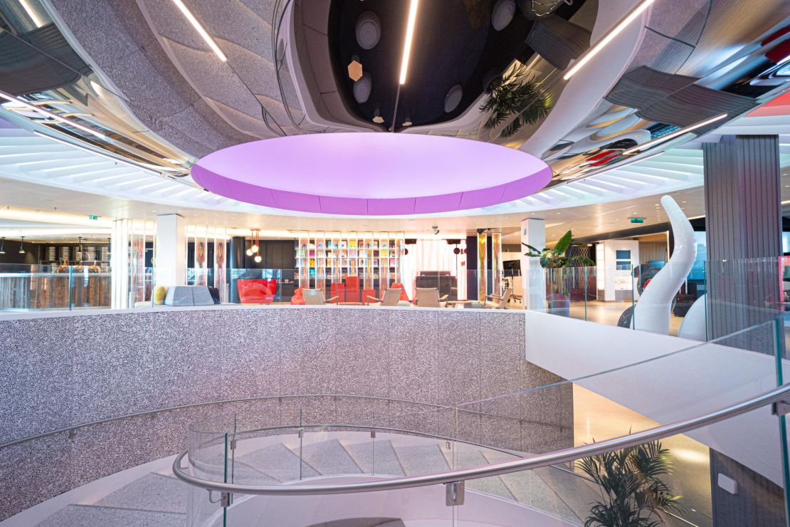 The snazzy interior of Virgin Voyages' Scarlet Lady.