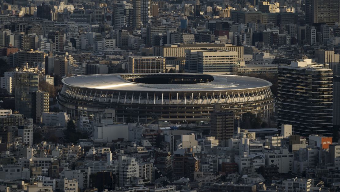 Tokyo's National Stadium, seen from the Shibuya Sky observation deck at the Shibuya Scramble Square building.