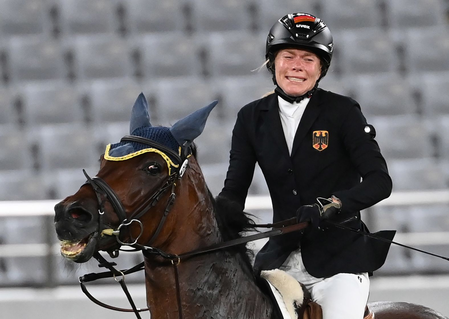 Germany's Annika Schleu was leading the modern pentathlon after two events. But in the show jumping event on August 6, her horse, Saint Boy, refused to cooperate with her wishes. The horse just wouldn't jump, and <a href="index.php?page=&url=https%3A%2F%2Fwww.cnn.com%2Fworld%2Flive-news%2Ftokyo-2020-olympics-08-06-21-spt%2Fh_e2ea37082eedb53e79deba154d931c9b" target="_blank">Schleu broke into tears</a> as her medal hopes faded away. In the modern pentathlon, horses are assigned to athletes via a draw.