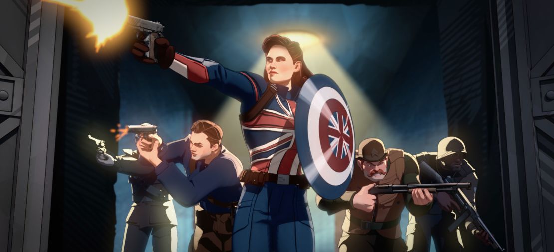 Captain Carter (center) and the Howling Commandos in Marvel Studios' WHAT IF...? exclusively on Disney+