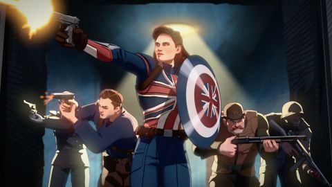 Captain Carter (center), voiced by Hayley Atwell, and the Howling Commandos in Marvel Studios' Disney+ series 'What If...?'