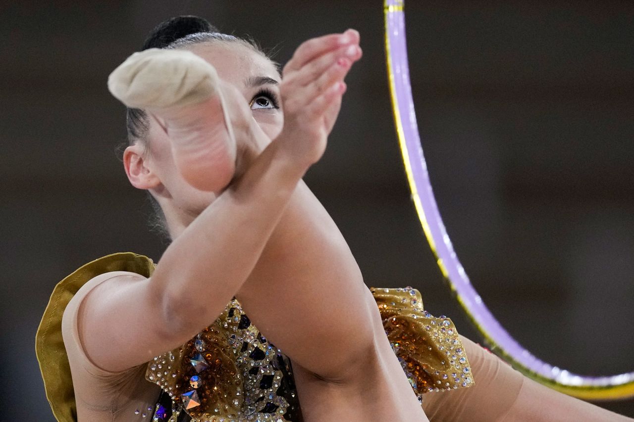 Alina Harnasko, a rhythmic gymnast from Belarus, competes in the individual all-around event at the Olympics on Friday, August 6. She finished with a bronze medal.