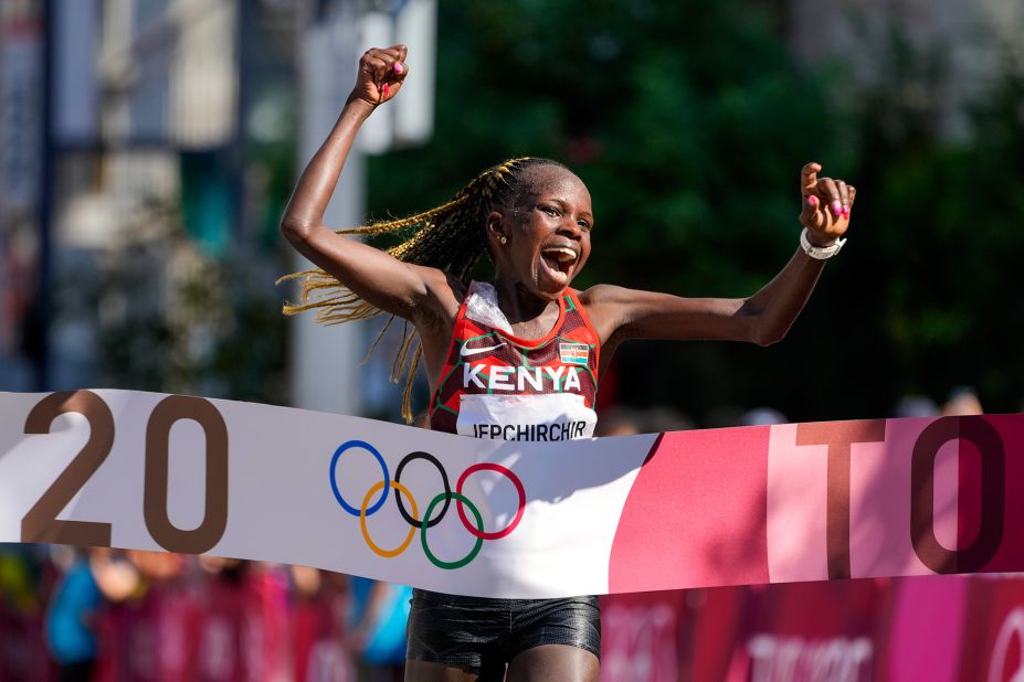 Kenya's Peres Jepchirchir crosses the finish line to <a href="https://www.cnn.com/world/live-news/tokyo-2020-olympics-08-06-21-spt/h_858792735c3c8bfeccdc9dbf238e95bc" target="_blank">win the marathon</a> on August 7. Her countrywoman Brigid Kosgei earned the silver medal.