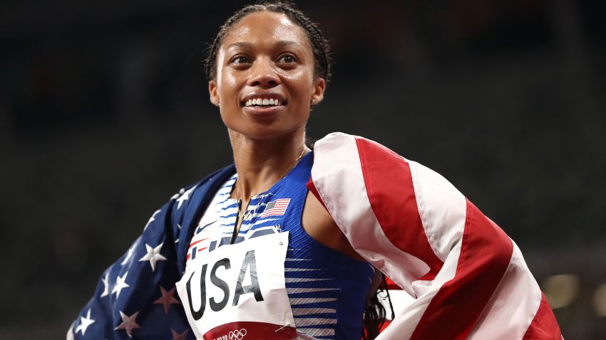 TOKYO, JAPAN - AUGUST 07: Allyson Felix of Team United States reacts after winning the gold medal in the Women' s 4 x 400m Relay Final on day fifteen of the Tokyo 2020 Olympic Games at Olympic Stadium on August 07, 2021 in Tokyo, Japan. (Photo by Ryan Pierse/Getty Images)