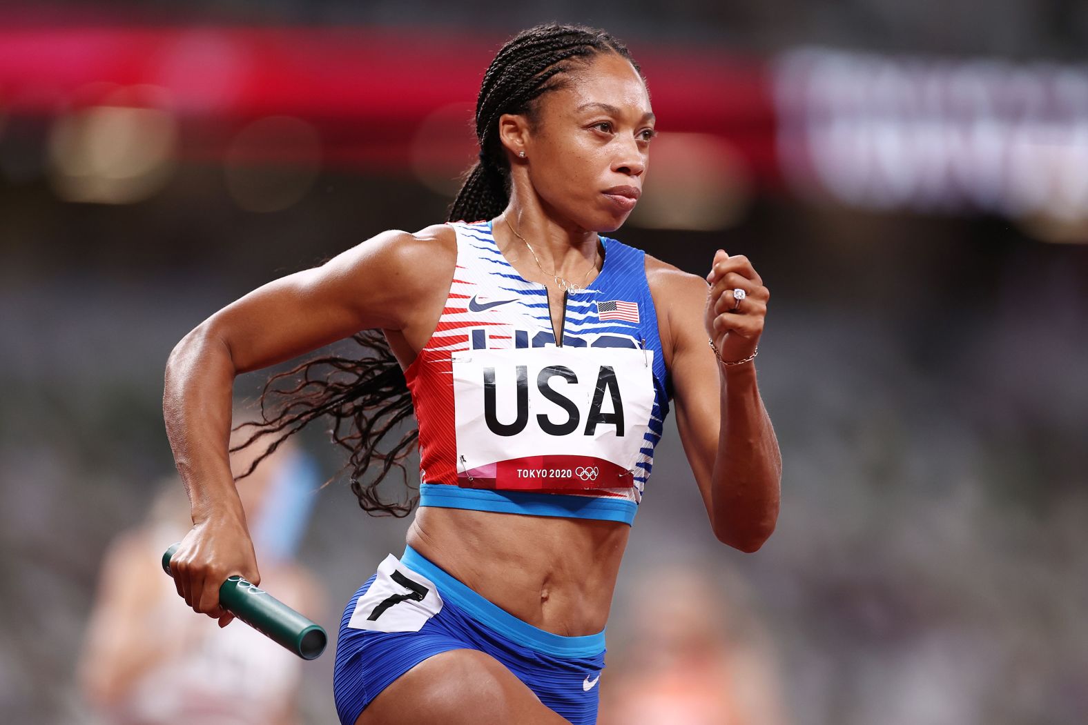 The United States' Allyson Felix runs in the 4x400-meter relay on August 7. The US team won gold, making Felix <a href="index.php?page=&url=https%3A%2F%2Fwww.cnn.com%2Fworld%2Flive-news%2Ftokyo-2020-olympics-08-07-21-spt%2Fh_6df17226e0ece94448232298e60511db" target="_blank">the most decorated American athlete in Olympic track-and-field history.</a>
