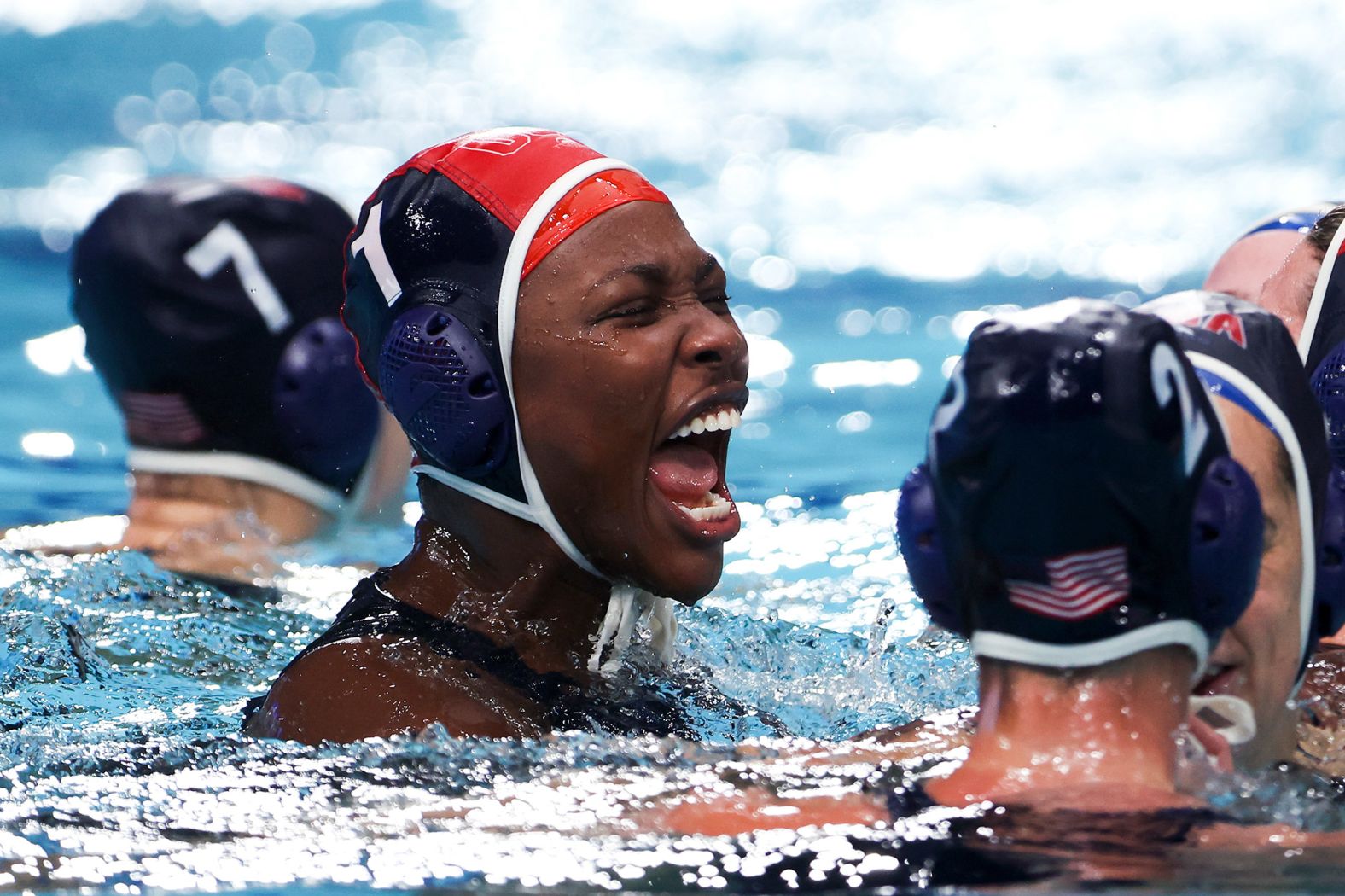 Ashleigh Johnson celebrates after the United States defeated Spain in the <a href="https://www.cnn.com/world/live-news/tokyo-2020-olympics-08-07-21-spt/h_b1f5bd339ce782ce5cdecc2684560047" target="_blank">water polo final</a> on August 7. It's the third straight gold for the Americans, who won 14-5. That's the largest margin of victory in the history of water polo's gold-medal matches.