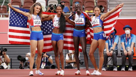 Team USA celebrates the relay win at Tokyo 2020.