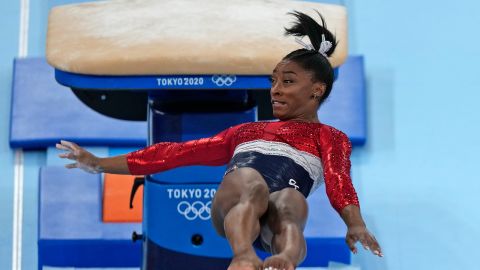 Simone Biles performs on vault during the women's final in Tokyo