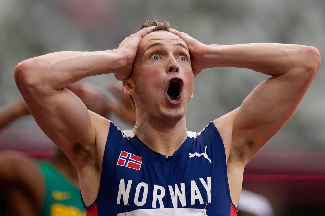 Karsten Warholm reacts in shock following his world record in the 400m hurdles