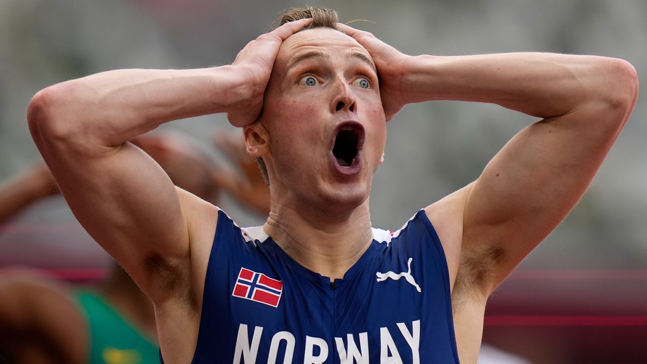 Karsten Warholm reacts in shock following his world record in the 400m hurdles