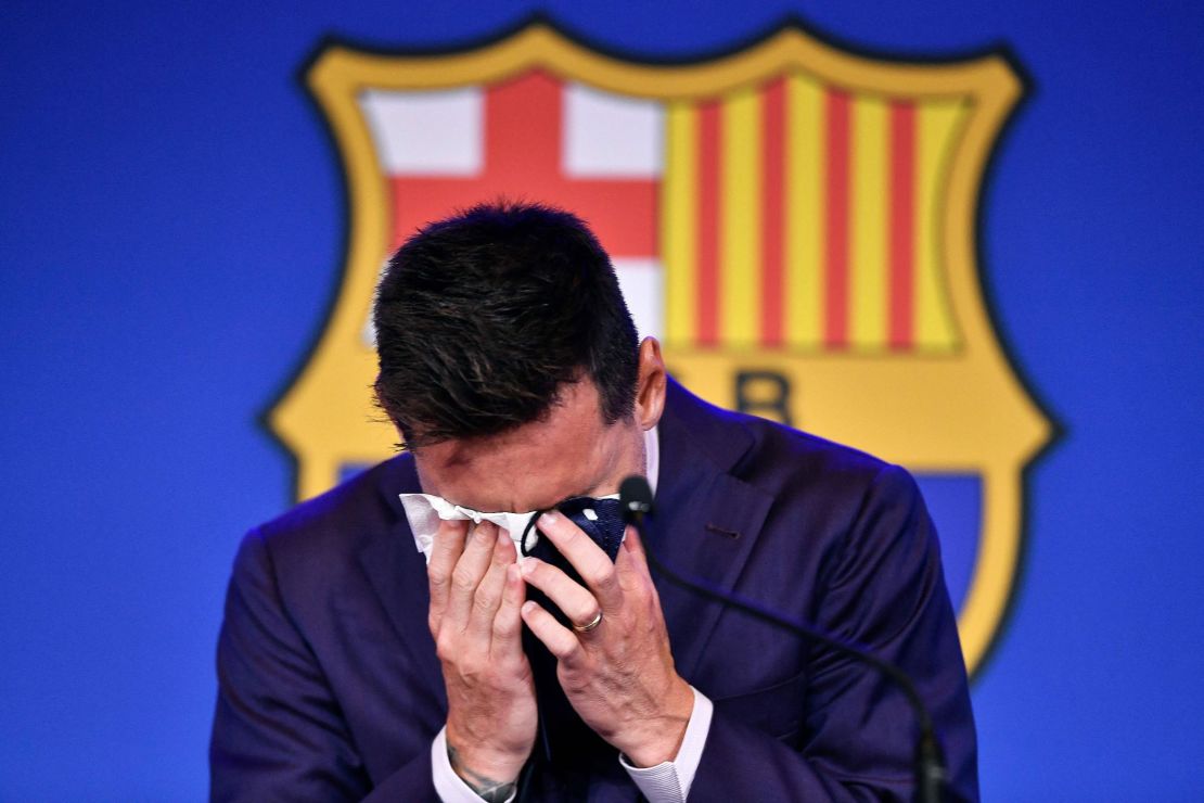 Messi cries during his farewell press conference at the Camp Nou on August 8.