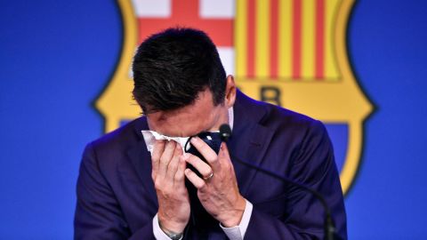 Lionel Messi is reduced to tears during his farewell press conference at the Camp Nou stadium.