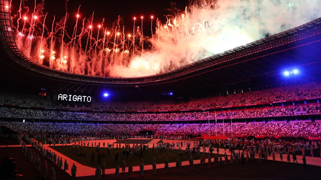 Fireworks explode over Tokyo's National Stadium at the end of the Olympics' closing ceremony on Sunday, August 8. The word "arigato," seen at left, means thank you in Japanese. <a href="http://www.cnn.com/2021/08/06/world/gallery/photos-this-week-july-29-august-5/index.html" target="_blank">See last week in 40 photos</a>