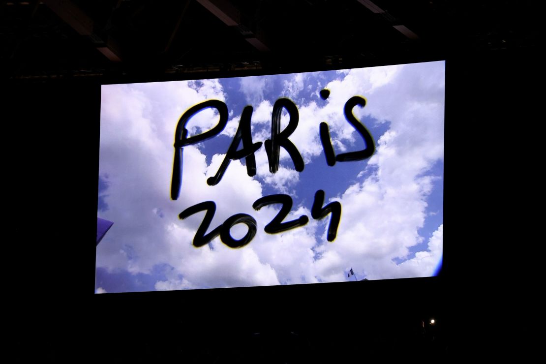 The presentation for Paris 2024 is seen during the Closing Ceremony of the Tokyo 2020 Olympic Games at the Olympic Stadium in Tokyo.