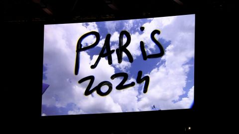 The presentation for Paris 2024 is seen during the Closing Ceremony of the Tokyo 2020 Olympic Games at the Olympic Stadium in Tokyo.