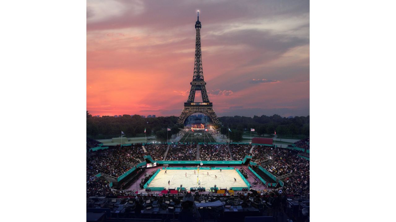 Get ready for beach volleyball at the Olympics with the Eiffel Tower as a backdrop.