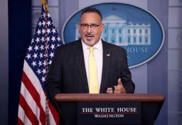 Secretary of Education Miguel Cardona speaks during a press briefing at the White House on March 17, 2021.