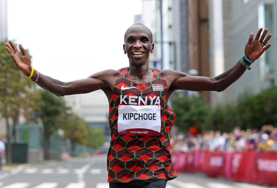 Kenyan Eliud Kipchoge celebrates after winning the gold medal in the men's marathon at the Tokyo 2020 Olympic Games.