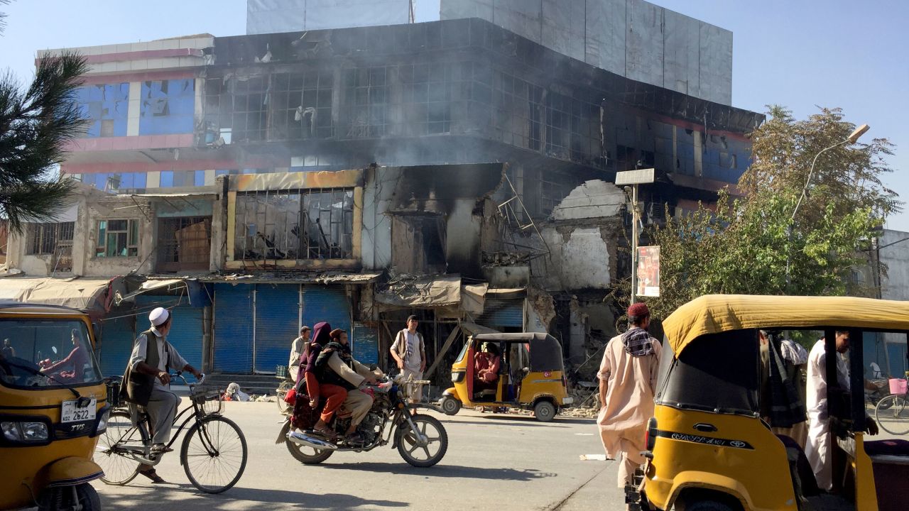 Shops damaged after fighting between Taliban and Afghan security forces in Kunduz, northern Afghanistan, on Aug. 8, 2021. 