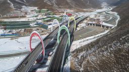 ZHANGJIAKOU, CHINA - NOVEMBER 27, 2020 - Aerial photo shows the "Five-ring Bridge" of the Beijing Winter Olympic Games after snow fell in Zhangjiakou city, Hebei Province.- PHOTOGRAPH BY Costfoto / Barcroft Studios / Future Publishing (Photo credit should read Costfoto/Barcroft Media via Getty Images)