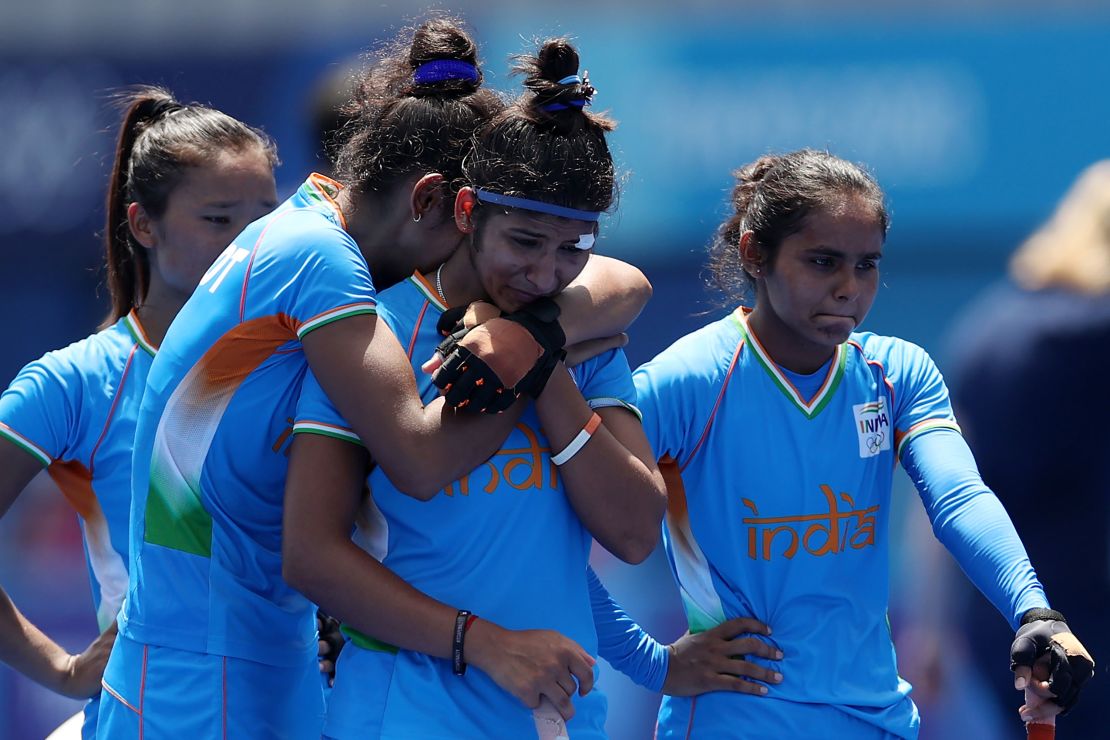 India's women hockey team after their loss in the bronze medal match against Great Britain. 