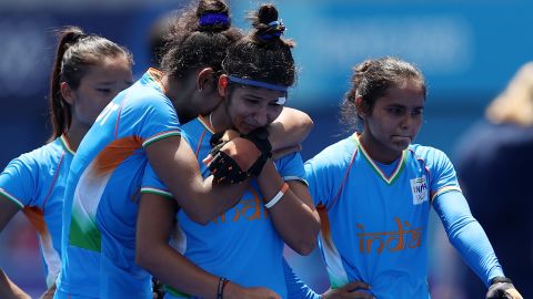 India's women hockey team after their loss in the bronze medal match against Great Britain. 